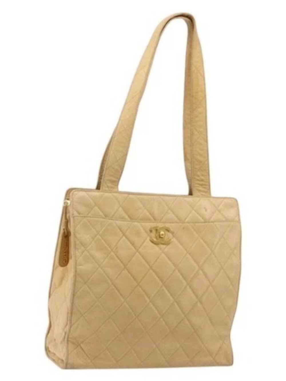 CHANEL Matelasse Shoulder Bag Lamb Skin Beige Gold CC Auth bs23120